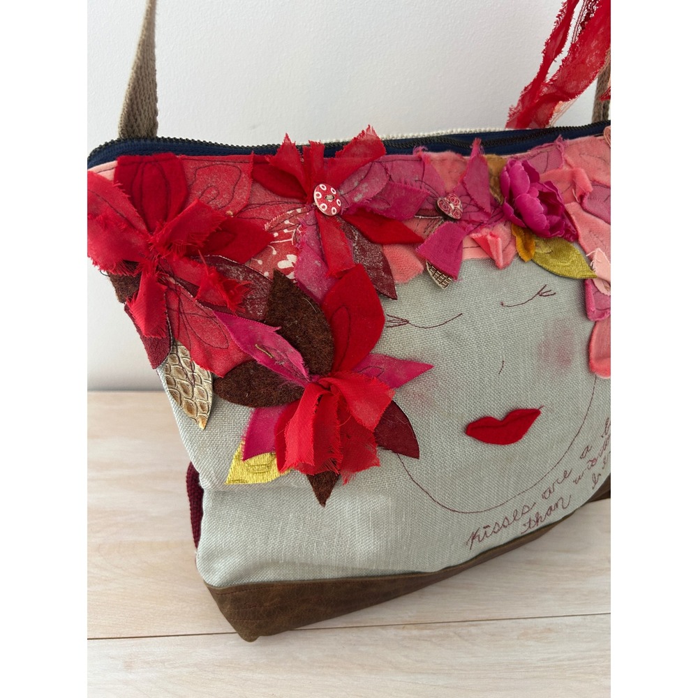 Artisan Mixed Media Crossbody Bag EE Cummings Quote Floral Applique Boho Red